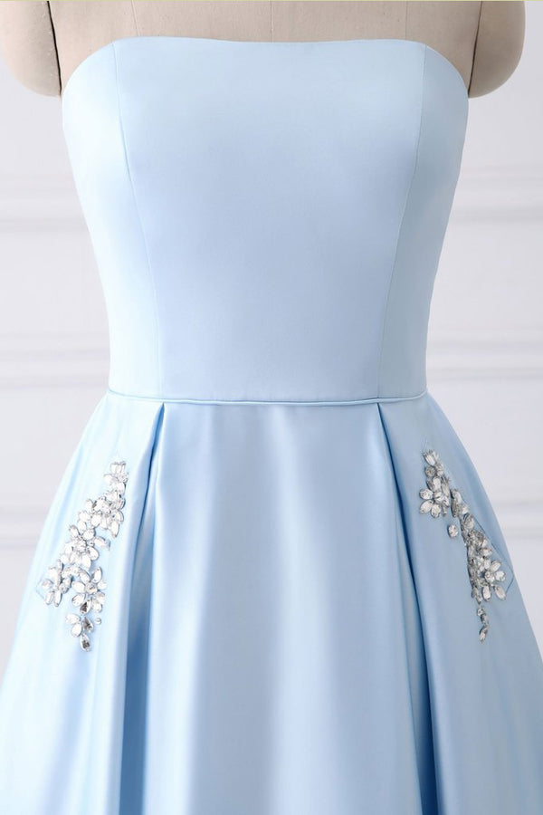 Bridesmaids Dresses Ideas, Light Blue A Line Floor Length Strapless Sleeveless Lace Up Prom Dresses