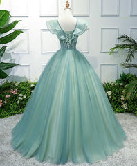 Party Dress Outfit Ideas, Green V Neck Tulle Long Prom Dress, Green Evening Dress
