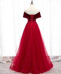 Cocktail Dress Prom, Burgundy Tulle Off Shoulder Long Prom Dress, Burgundy Formal Dress