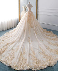 Wedding Dress With Lacing, Unique Champagne Tulle Lace Long Wedding Dress, Bridal Gown