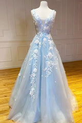 Homecoming, Blue V-Neck Tulle Long Prom Dresses, A-Line Blue Evening Dresses with Applique