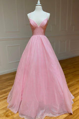 Homecoming Dresses 2034, Pink V-Neck Tulle Long Prom Dresses, A-Line Backless Evening Dresses