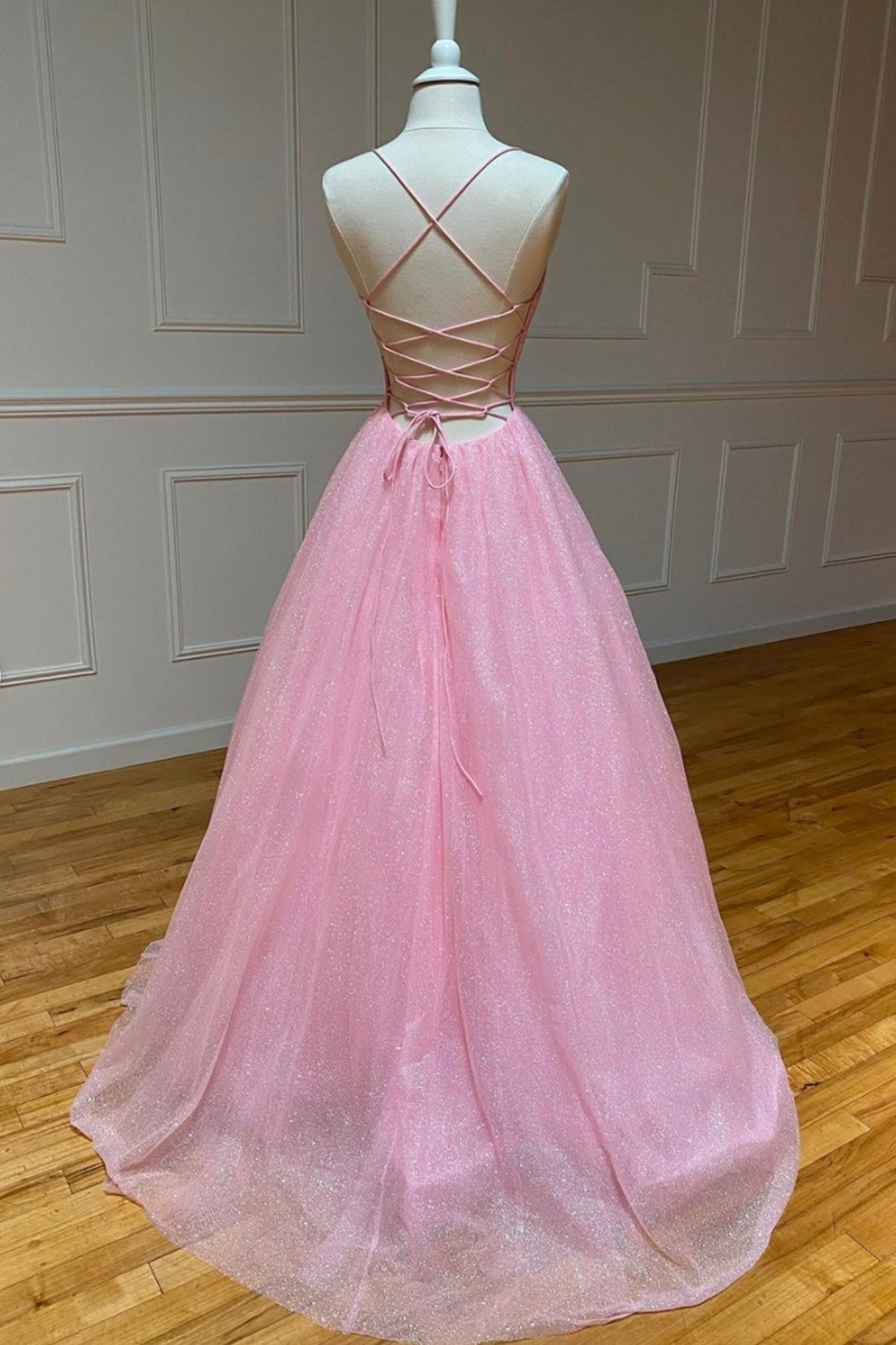 Homecoming Dress Elegant, Pink V-Neck Tulle Long Prom Dresses, A-Line Backless Evening Dresses