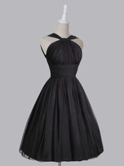 Formal Dresses Website, Vintage A Line Straps Knee Length Chiffon Sash Backless Black Party Homecoming Dresses