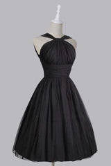 Formal Dress Website, Vintage A Line Straps Knee Length Chiffon Sash Backless Black Party Homecoming Dresses
