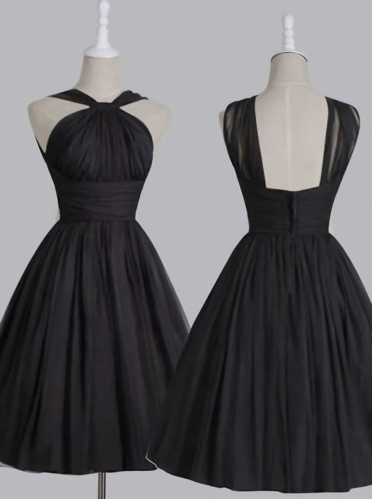 Formal Dresses Websites, Vintage A Line Straps Knee Length Chiffon Sash Backless Black Party Homecoming Dresses