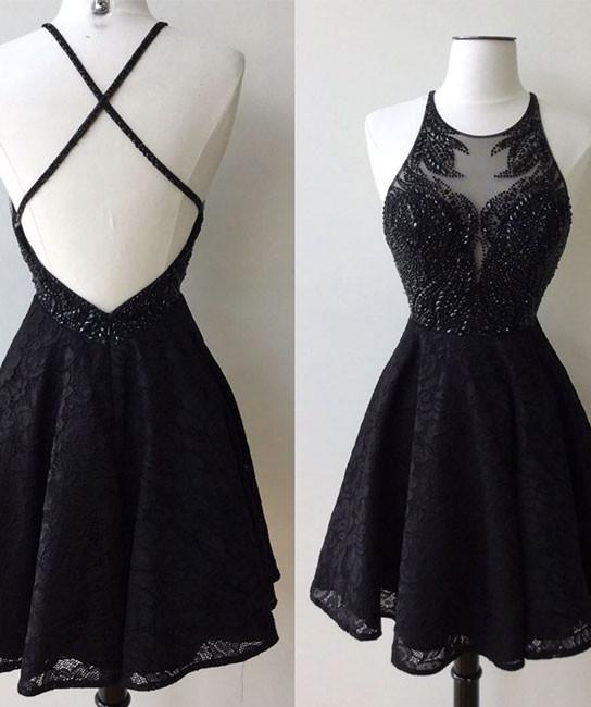 Prom Dresses Boutique, A-Line Jewel Backless Short Black Lace Homecoming Dress 2024 with Beading