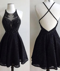 Formal Dress Ideas, A-Line Jewel Backless Short Black Lace 2024 with Beading Homecoming Dresses