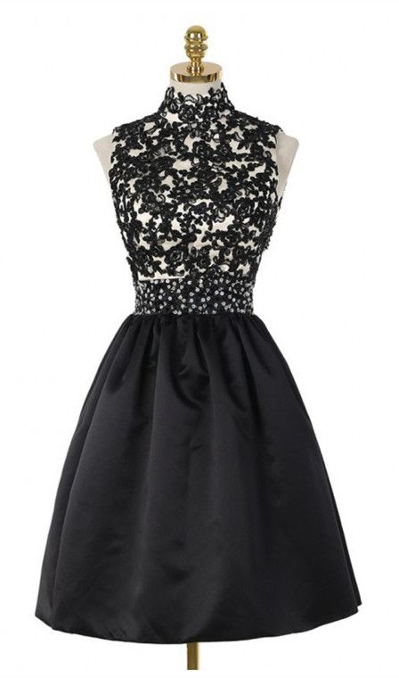 Prom Dress Idea, A-Line High Neck Open Back Above-Knee Black Homecoming Dress 2024 with Lace Sequins