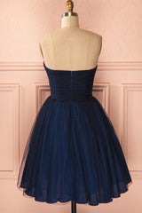 Party Dress Classy Christmas, Strapless Short Navy Blue Tulle Homecoming Dress