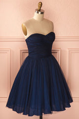 Party Dresses Classy Christmas, Strapless Short Navy Blue Tulle Homecoming Dress