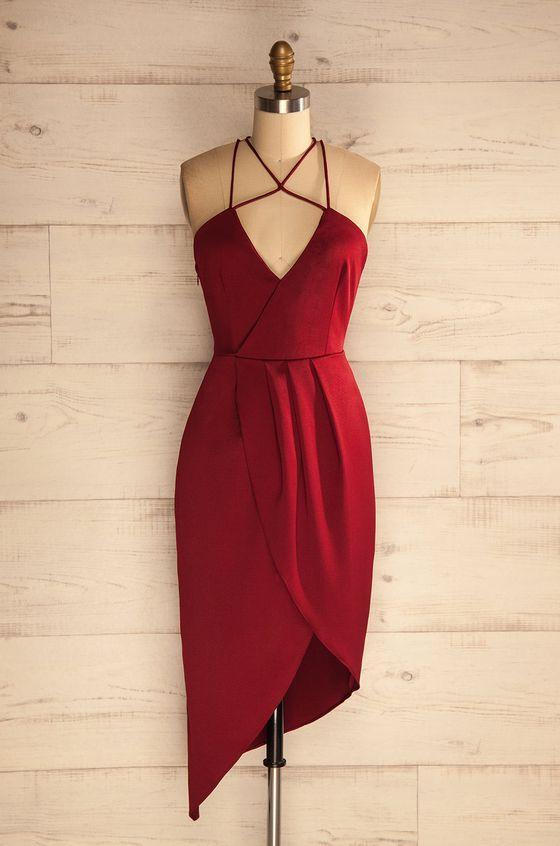 Prom Dress Fabric, Sheath Halter Asymmetrical Dark Red Satin Homecoming Dress