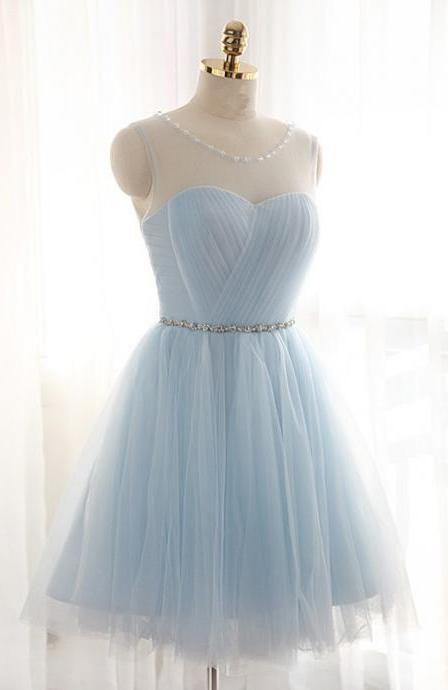 Prom Dress For Sale, A-Line Jewel Light Blue Tulle Short Homecoming Dress 2024 with Beading Pleats