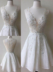 Prom Dresses Tight, A-Line Deep V-Neck White Lace Short Homecoming Dress with Appliques Beading