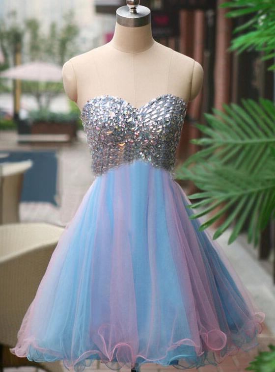 Evening Dress With Sleeves, A-Line Sweetheart Multi Color Tulle Short Homecoming Dress 2024 with Beading