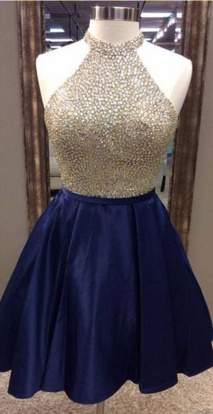 Prom Dress Boutiques, A-Line Jewel Navy Blue Satin Short Homecoming Dress 2024 with Beading