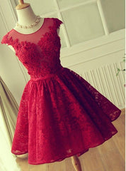 Prom Dress Styles, A-Line Jewel Cap Sleeves Red Lace Short Homecoming Dress 2024 with Beading