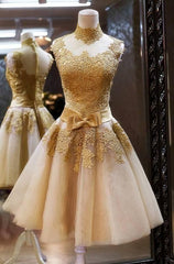 Evening Dresses Floral, A-Line High Neck Knee-Length Champagne Short Homecoming Dress 2024 with Appliques