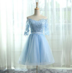 Prom Dresses For Sale, A-Line Off the Shoulder Half Sleeves Light Blue Tulle Homecoming Dress 2024 with Appliques
