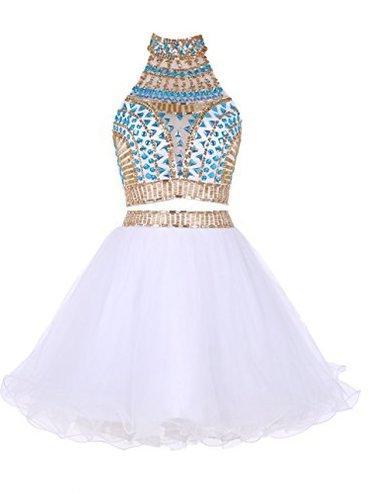 Prom Dress Tight, Two Piece High Neck White Tulle Short Homecoming Dress 2024 with Beading Rhinestone