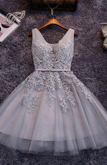 Evening Dress 2035, Princess/A-Line V-Neck Appliques Gray Tulle Homecoming/Prom Dresses