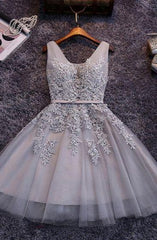 Evening Dress 2035, Princess/A-Line V-Neck Appliques Gray Tulle Homecoming/Prom Dresses