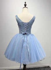 Prom Dresses Stores Near Me, A-Line Crew Neck Blue Appliques Homecoming Dress 2024
