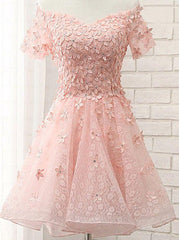 Prom Dresses Sites, Princess/A-Line Off-the-Shoulder Appliques Short Coral Lace Homecoming/Prom Dresses