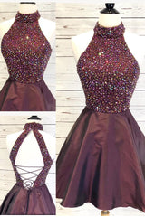 Party Dress Brown, High Neck Short Sparkle Burgundy Homecoming Dress