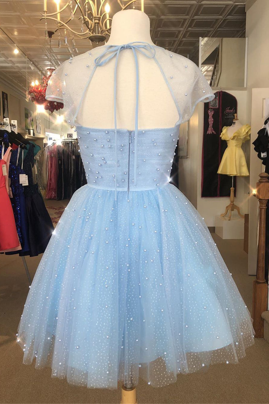 Winter Dress, Sparkle Beaded Cap Sleeves Light Sky Blue Homecoming Dress