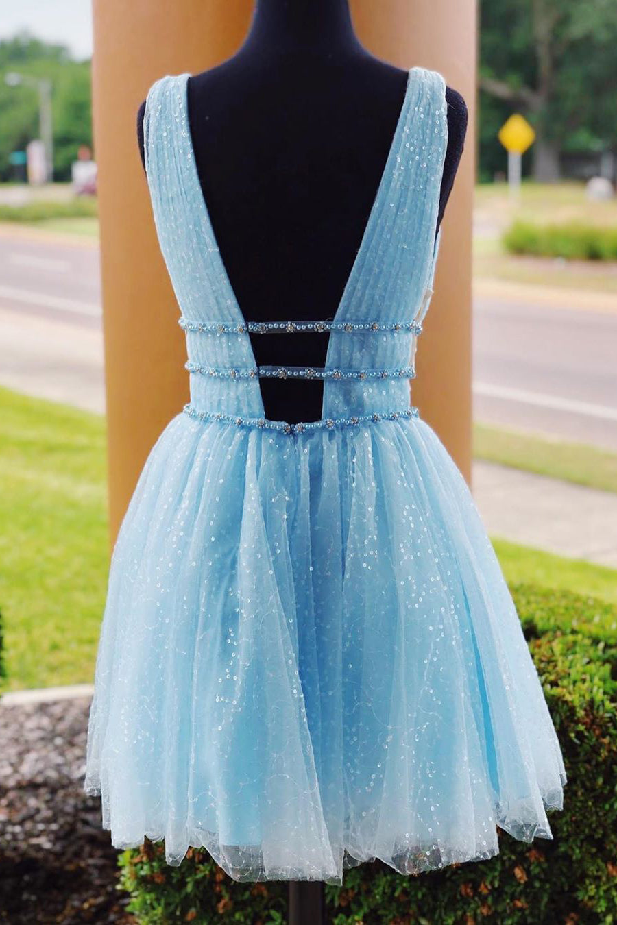 Party Dresses Black And Gold, Sparkling Beading Sky Blue Homecoming Dress
