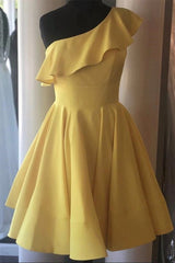 Prom Theme, One Shoulder Ruffled Short Yellow Homecoming Dress