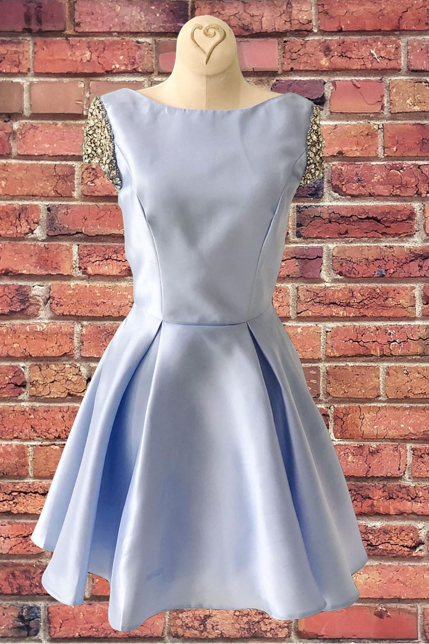 Nice Dress, V-Back Short Sleeves Sky Blue Homecoming Dress with Crystals