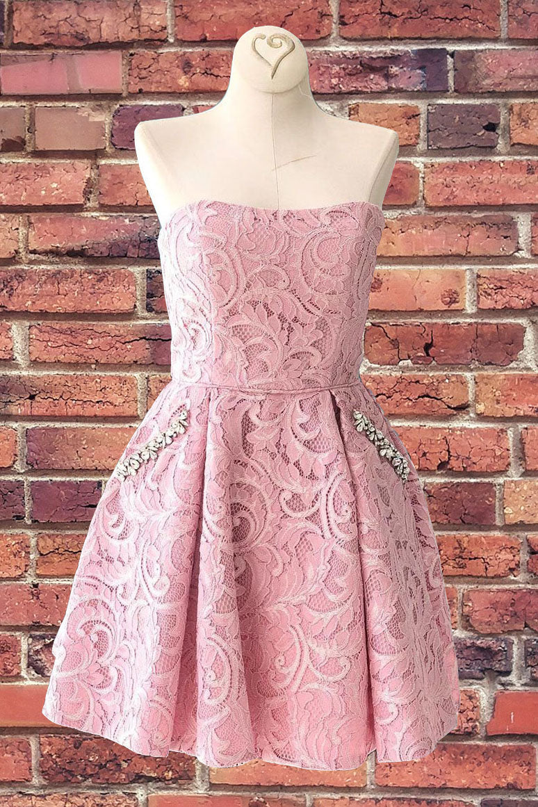Party Dresses Purple, Strapless Lace Pink Homecoming Dress with Pockets