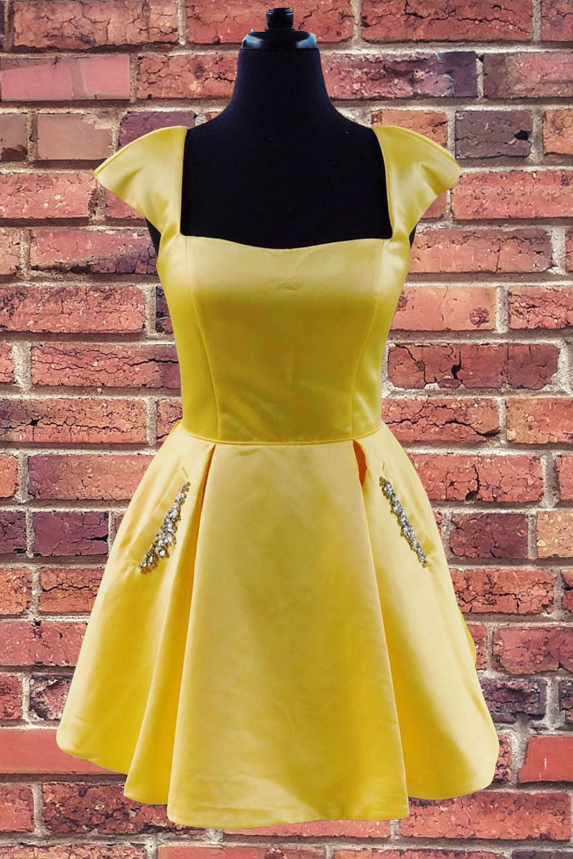 Prom Dress Under 117, Cap Sleeves Short Yellow Homecoming Dress with Lace Up Back