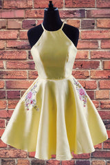 Girlie Dress, Halter Embroidered Yellow Homecoming Dress with Pockets