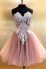Party Dresses Outfit Ideas, Sweetheart Appliqued Pink Tulle Homecoming Dress