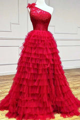 Homecoming Dresses Black Girl, Red One Shoulder Corset Tiered Long Prom Dress with Ruffles