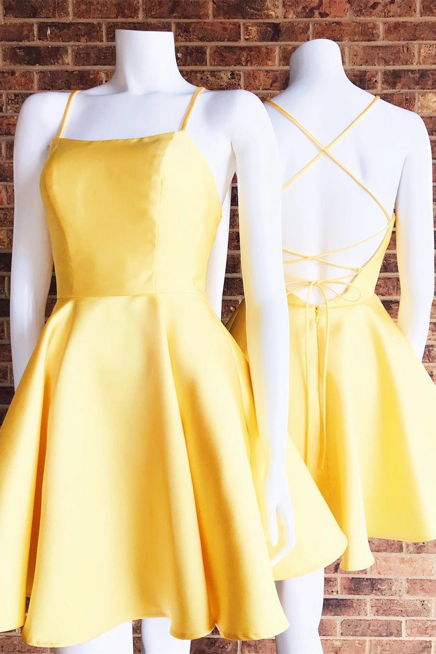 Modest Prom Dress, Simple Strappy Short Yellow Homecoming Dress