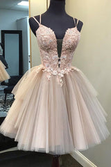Prom Dressed 2039, Blush Ball Gown Strappy Appliqued Homecoming Dress