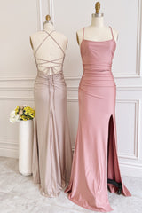 Evening Dress V Neck, Dusty Pink Satin Lace-Up Sheath Long Bridesmaid Dress with Slit