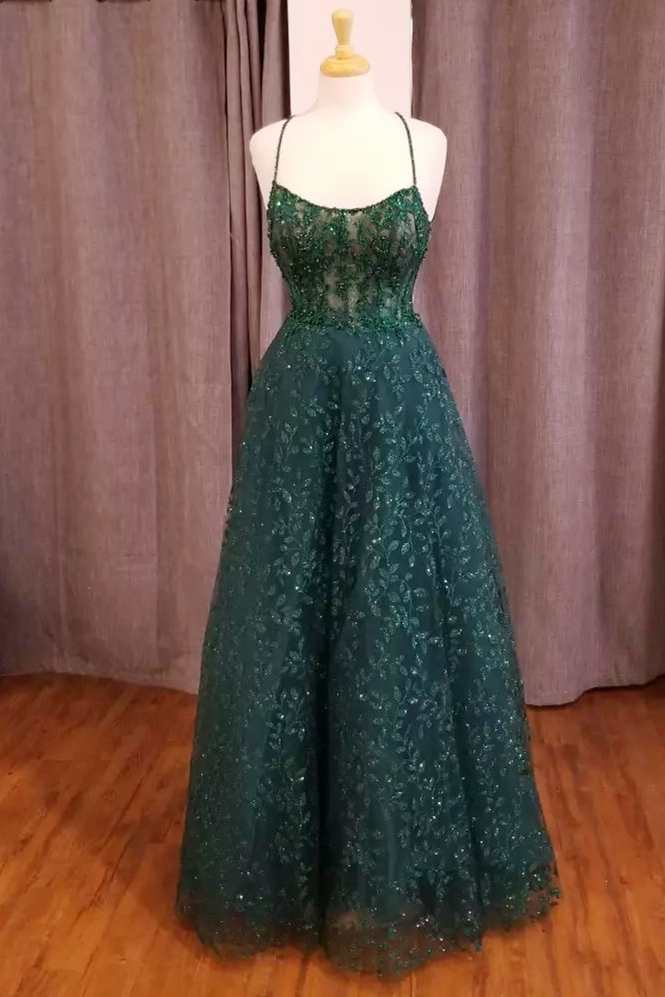 Party Dresses Clubwear, Hunter Green Floral Lace Scoop Neck A-Line Formal Dress