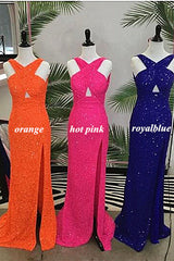 Homecoming Dresses Under 67, Fitted Criss Coss Neck Orange Prom Dress with Slit