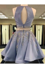 Bridesmaid Dresses Colorful, A Line 2 Pieces Beaded Satin Short Homecoming Dresses, Scoop