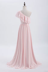 Navy Blue Dress, Ruffles Pink One Shoulder Chiffon A-line Long Bridesmaid Dress