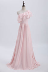 Formal Dresses For Ladies Over 65, Ruffles Pink One Shoulder Chiffon A-line Long Bridesmaid Dress