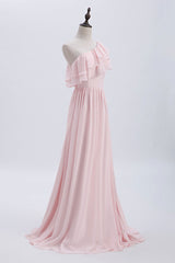 Chiffon Dress, Ruffles Pink One Shoulder Chiffon A-line Long Bridesmaid Dress