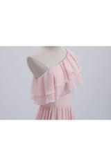 Black Gown, Ruffles Pink One Shoulder Chiffon A-line Long Bridesmaid Dress
