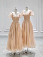 Bridesmaid Dresses Dark, Cute Tulle Tea Length Prom Dress, A-Line Short Sleeve Evening Dress