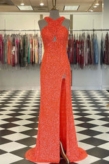 Homecoming Dress Stores, Fitted Criss Coss Neck Orange Prom Dress with Slit